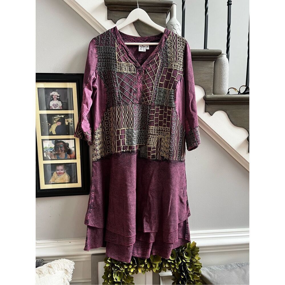 Parsley & Sage Purple & Black Hippie Boho Lagenlook Tiered Dress sz M NWOT